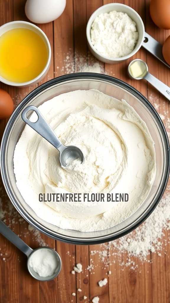 A bowl of gluten-free flour blend with measuring cups and baking ingredients on a wooden table.